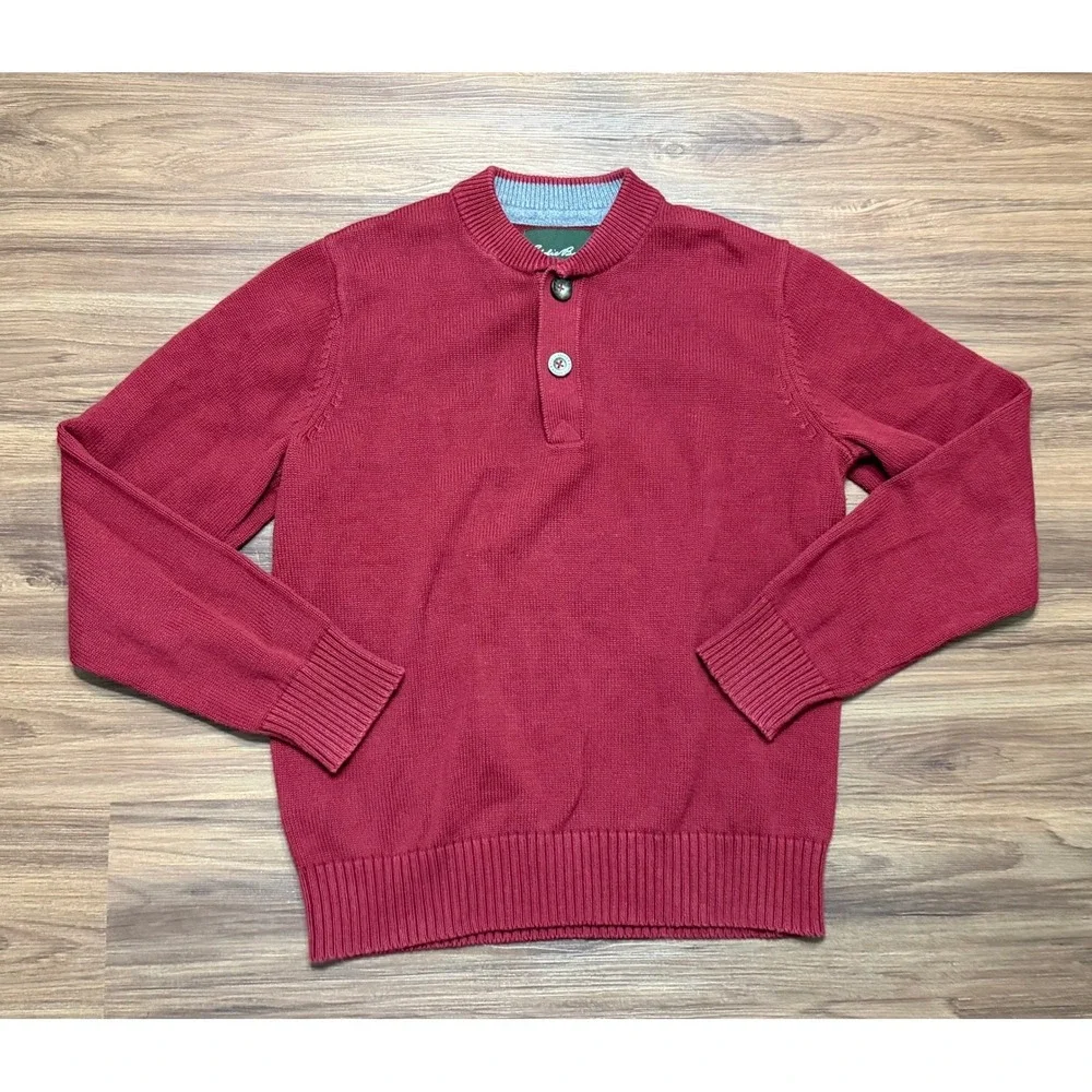 VTG Eddie Bauer Mens Red 100% Cotton Chunky Henley Knit Pullover Sweater Size M